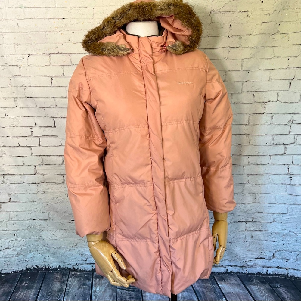 Basic House Korean Down Pink Puffer Fur Trim Hood Parka Jacket Size Small AS-IS